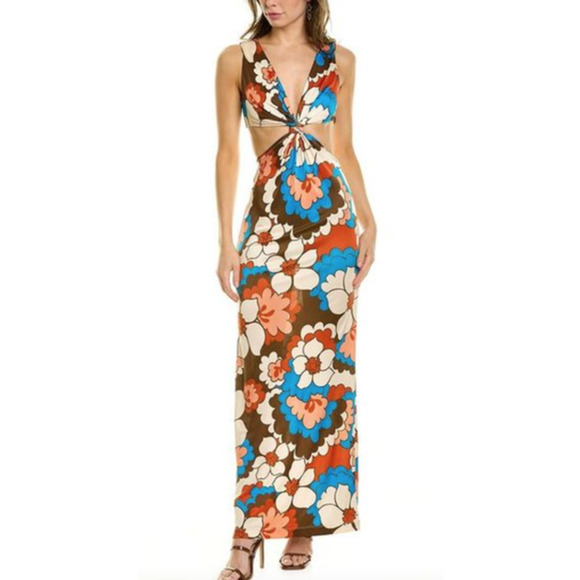 Ronny Kobo Sammy Dress Knotted Cutout Maxi In Blue Aster Multi Size L - Picture 1 of 14